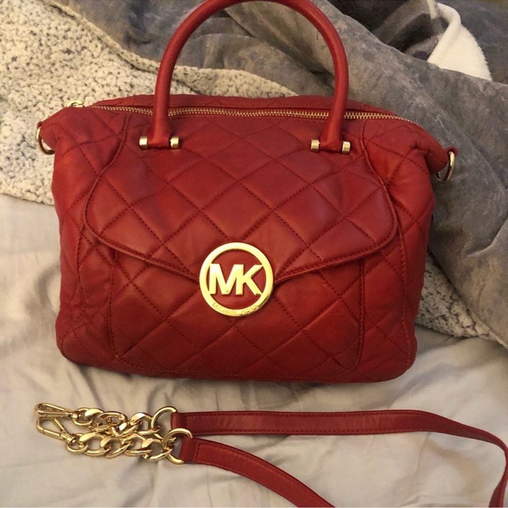 Michael Kors Red Quilted Satchel with Gold MK Medallion